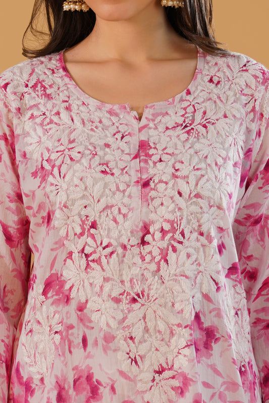 Amara Pure Mulmul Chikankari Handwork Kurti -Pink Colour