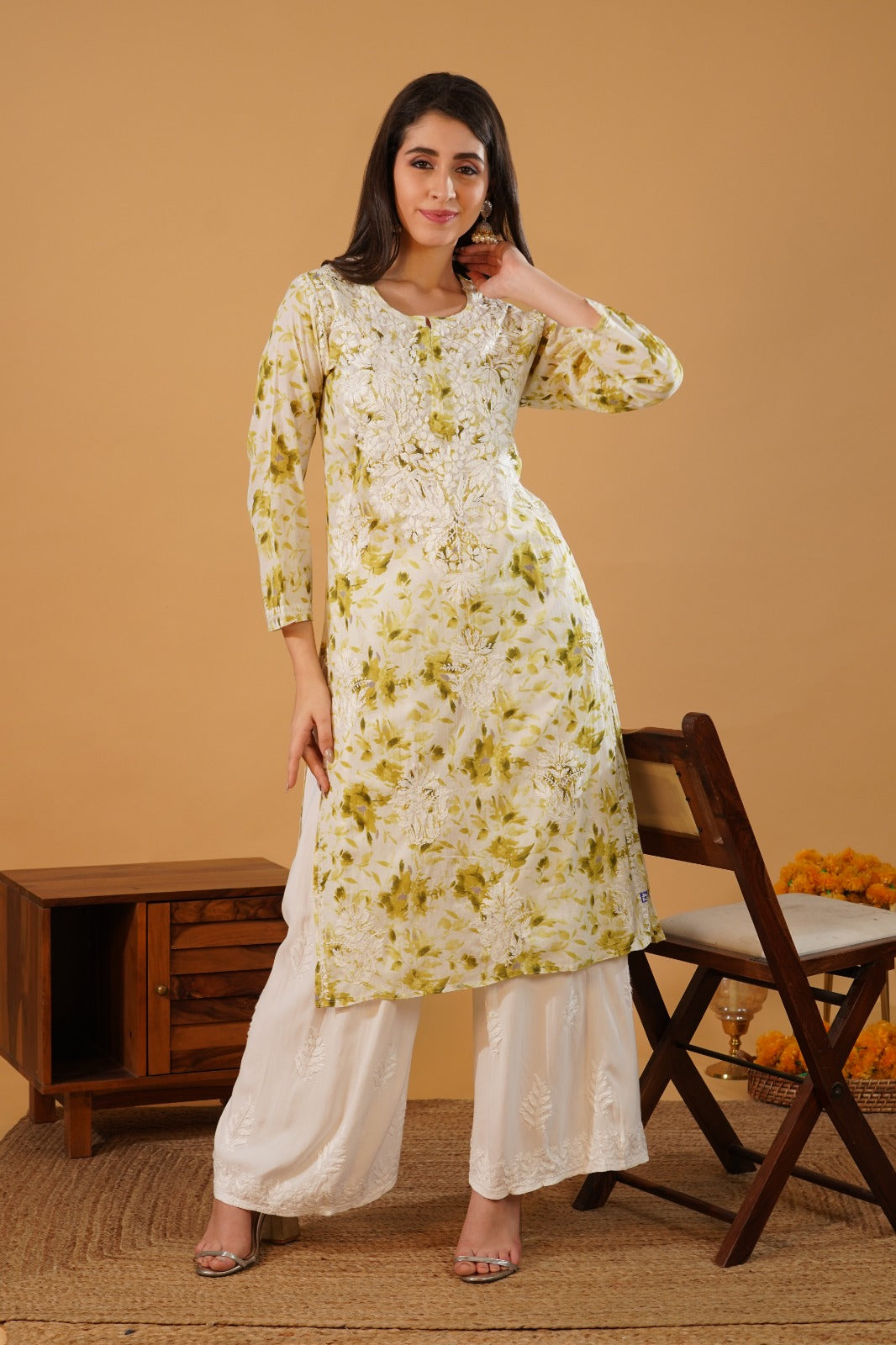 Amara Pure Mulmul Chikankari Handwork Kurti -Green Colour