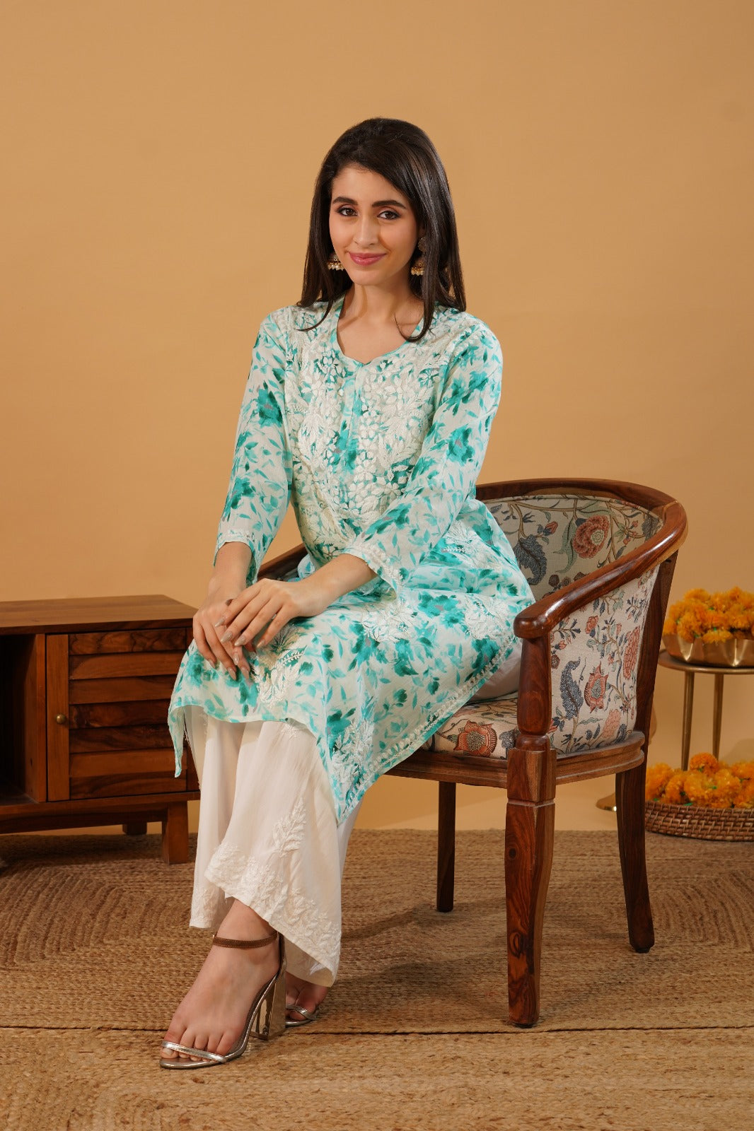 Amara Pure Mulmul Chikankari Handwork Kurti -Sea Green Colour