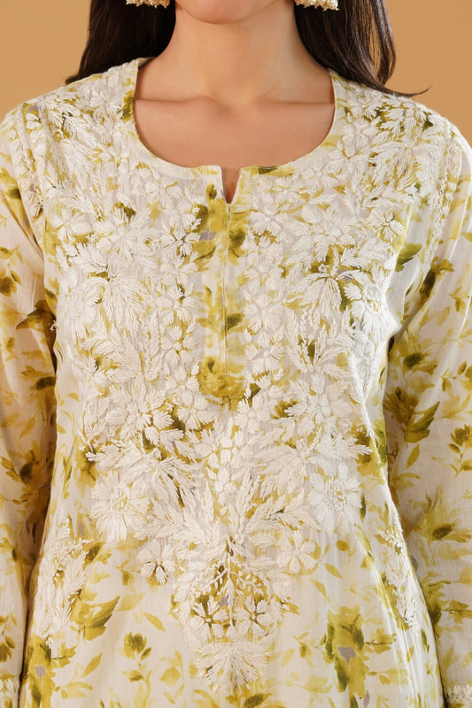 Amara Pure Mulmul Chikankari Handwork Kurti -Green Colour
