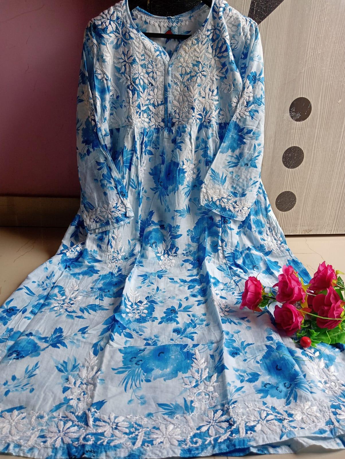 Pure Soft Malmal Gown - Blue Colour - Chikankaar