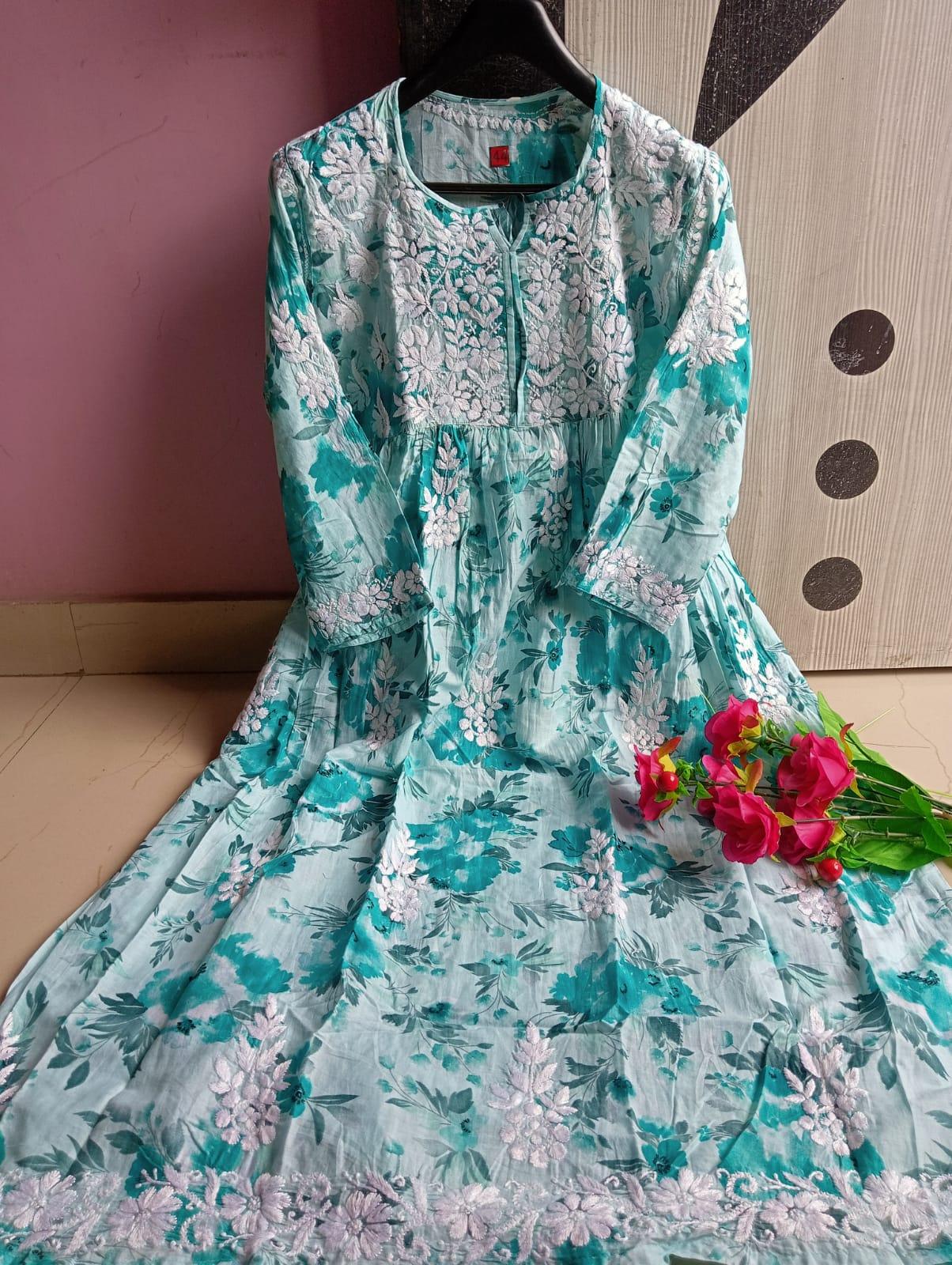 Pure Soft Malmal Gown - Sea Green - Chikankaar