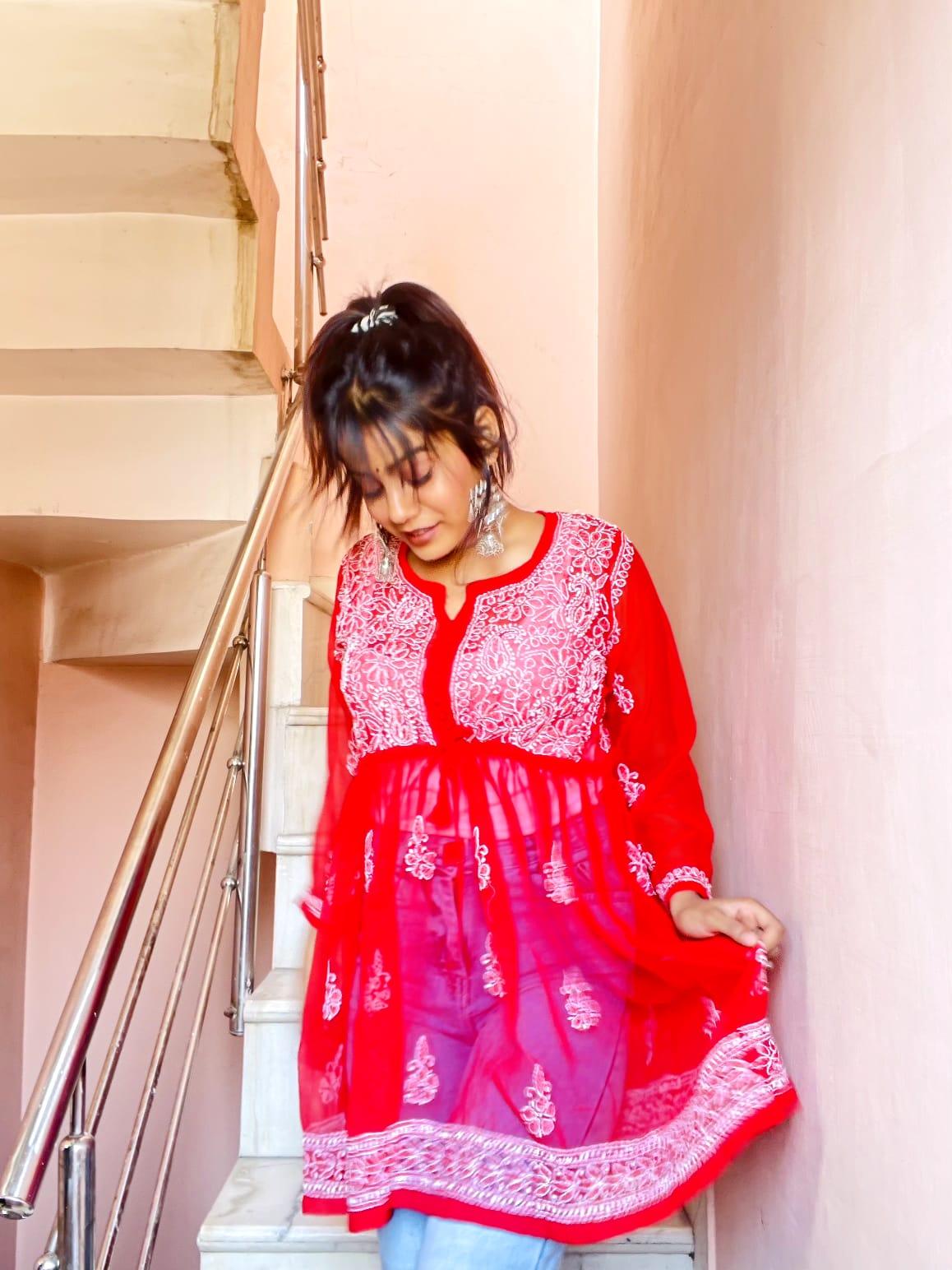 Chikankari Georgette Short Gown With Dori - Red Colour - Chikankaar