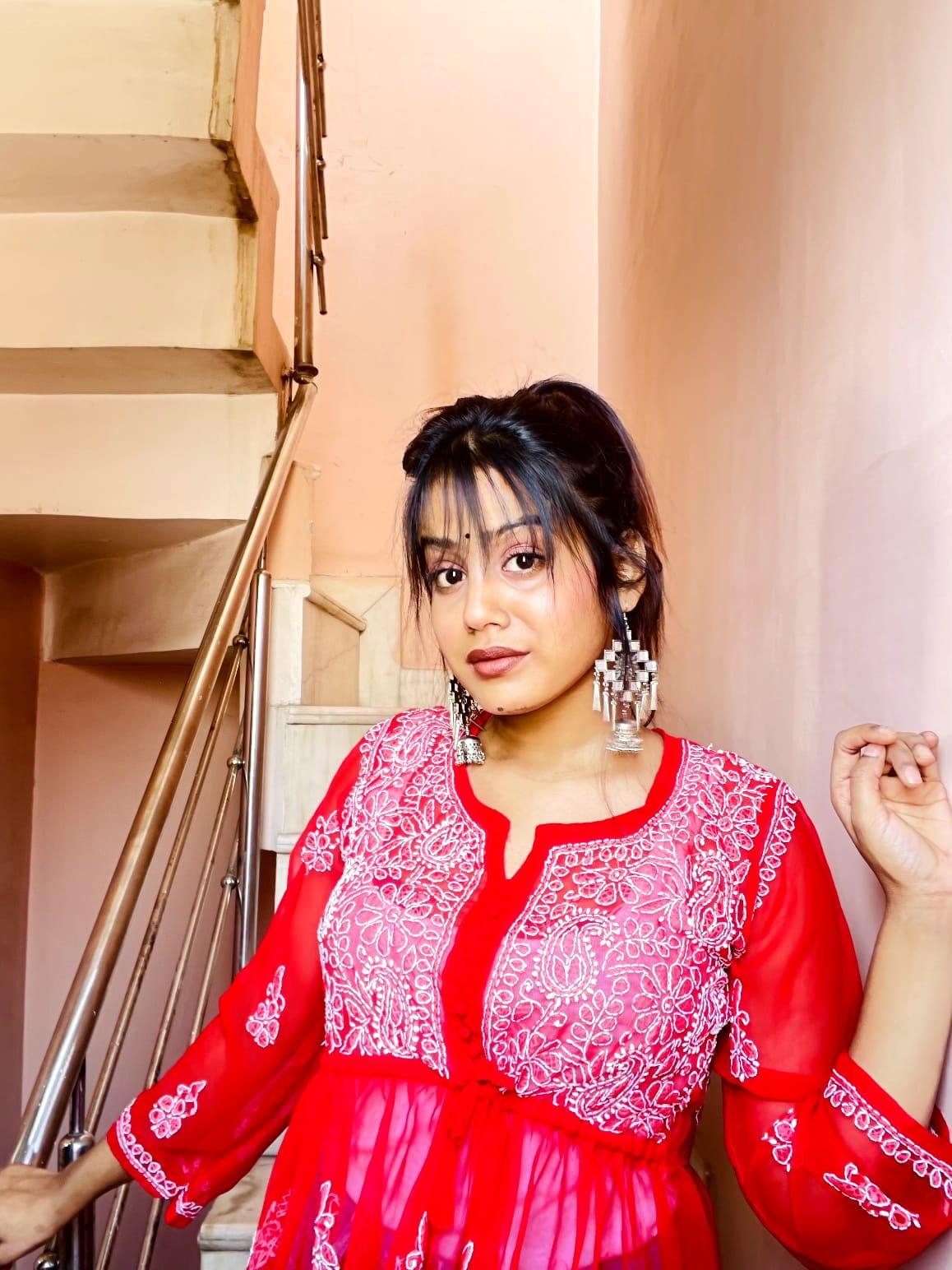 Chikankari Georgette Short Gown With Dori - Red Colour - Chikankaar