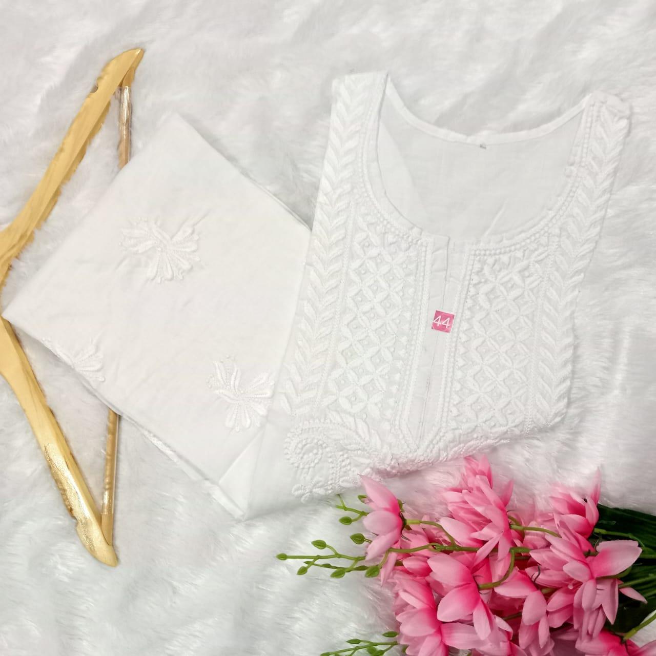 COTTON MACHINE WORK CHIKANKARI KURTI WHITE COLOUR - Chikankaar
