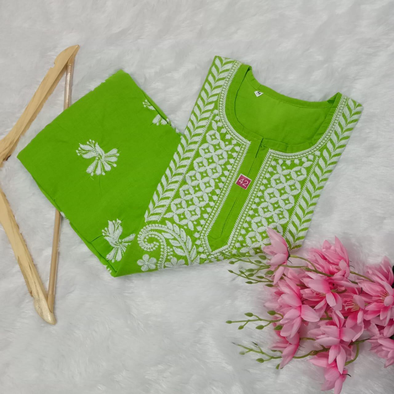 Cotton Machine Work Chikankari Kurti - Parrot Green Colour - Chikankaar