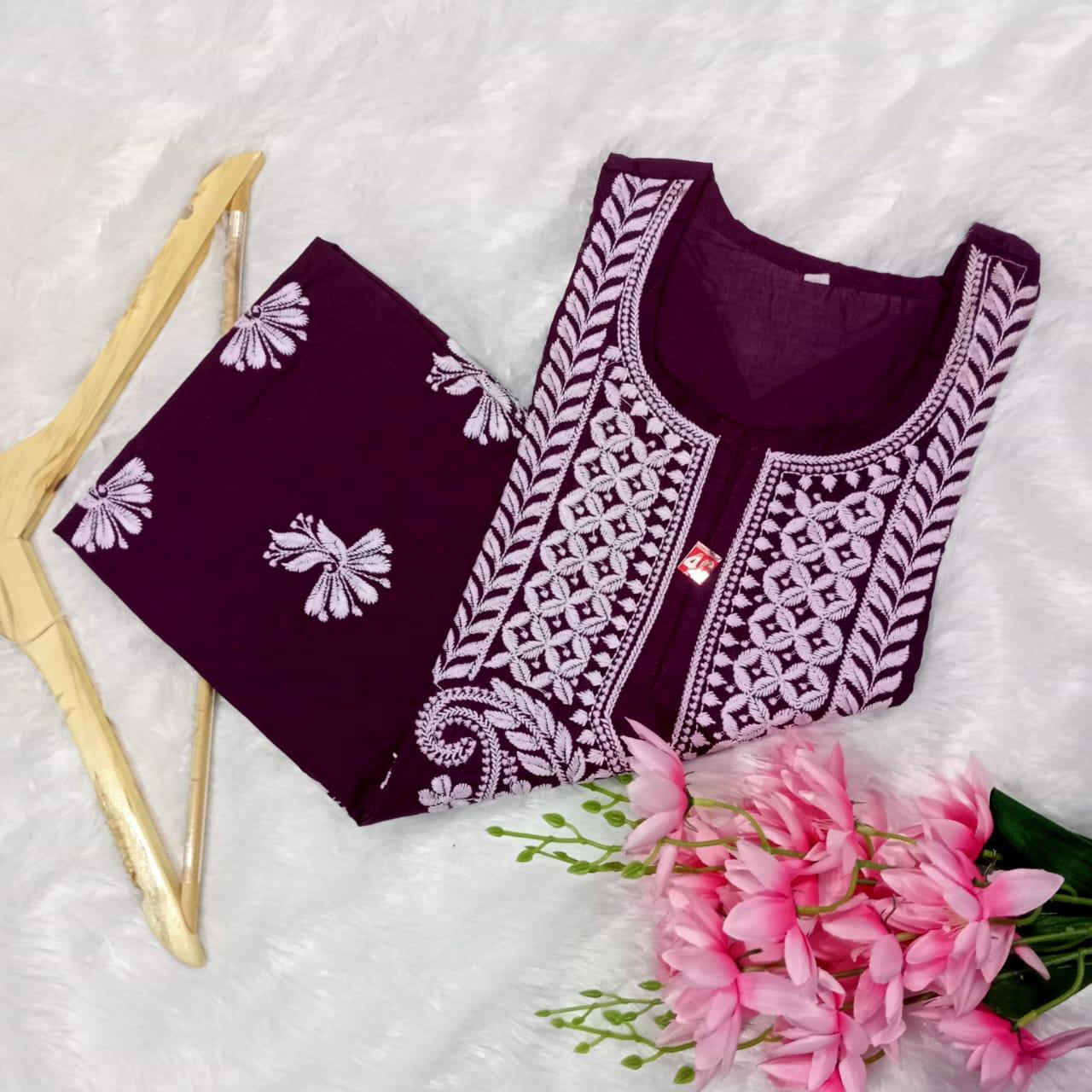 Cotton Machine Work Chikankari Kurti - Wine Colour - Chikankaar