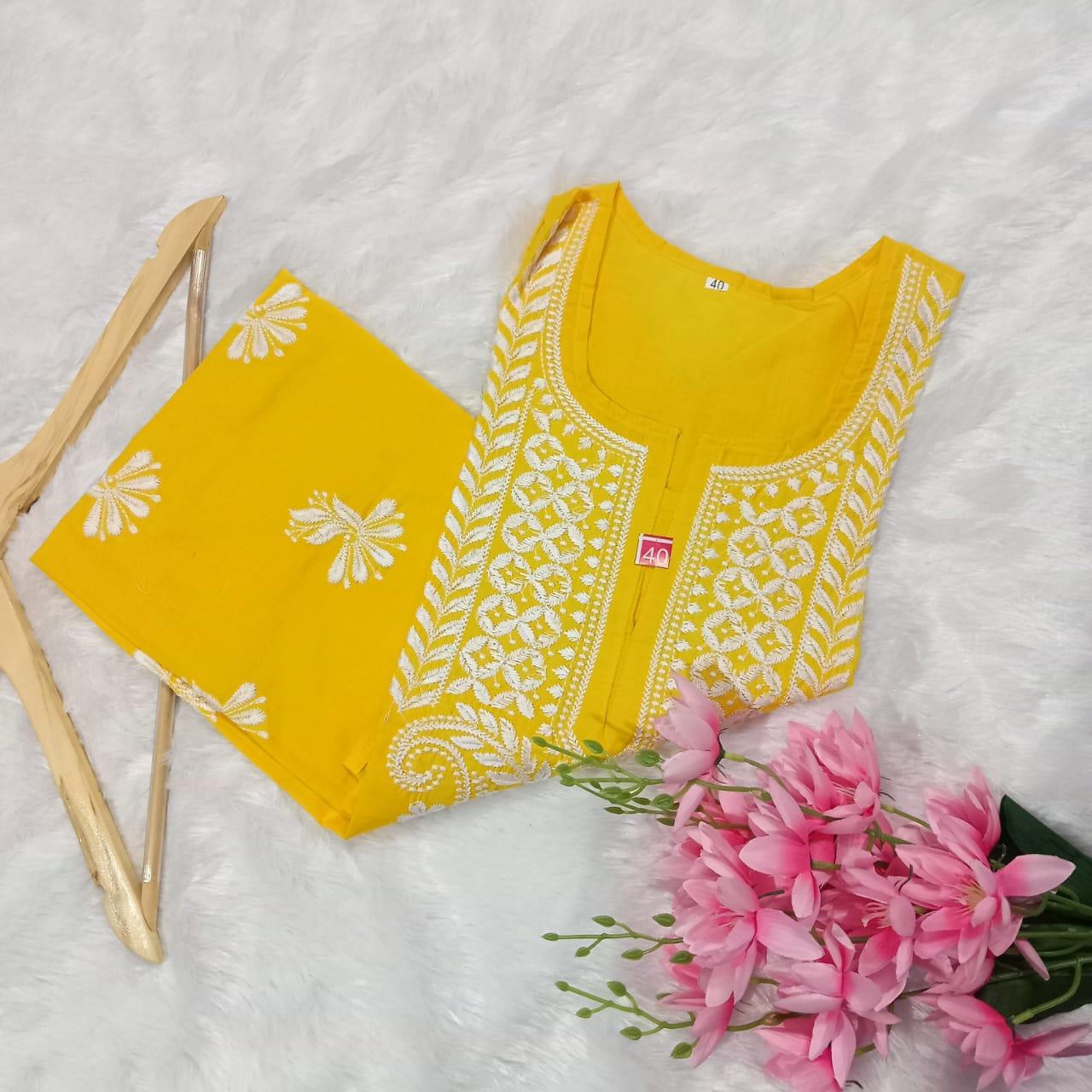 COTTON MACHINE WORK CHIKANKARI KURTI YELLOW COLOUR - Chikankaar