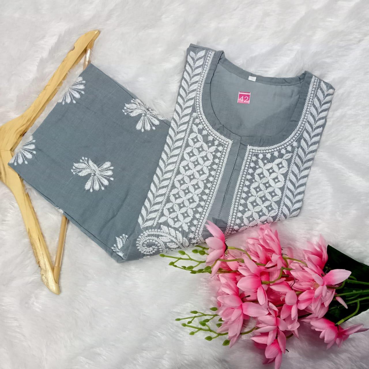 COTTON MACHINE WORK CHIKANKARI KURTI GREY COLOUR - Chikankaar