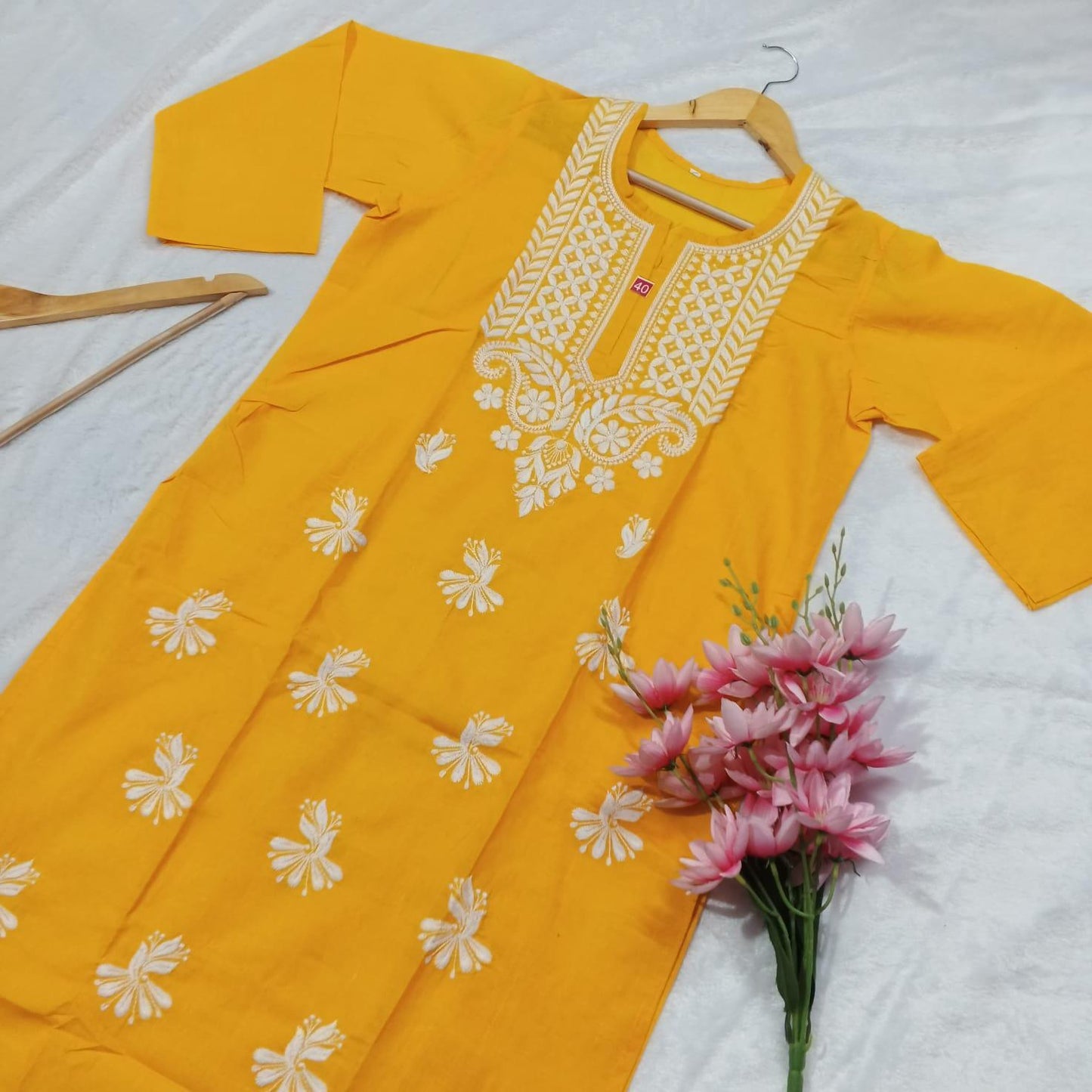 COTTON MACHINE WORK CHIKANKARI KURTI YELLOW COLOUR - Chikankaar