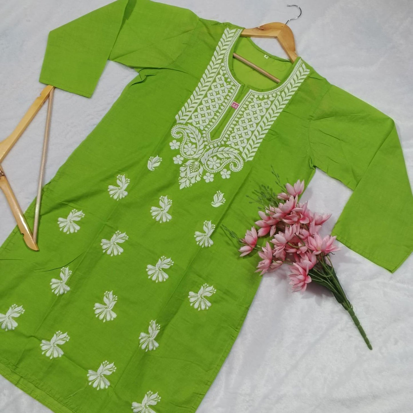 Cotton Machine Work Chikankari Kurti - Parrot Green Colour - Chikankaar
