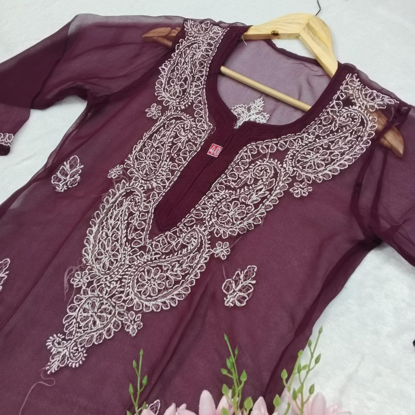 Pure Chikankari Georgette Kurti With Inner - Wine Colour - Chikankaar