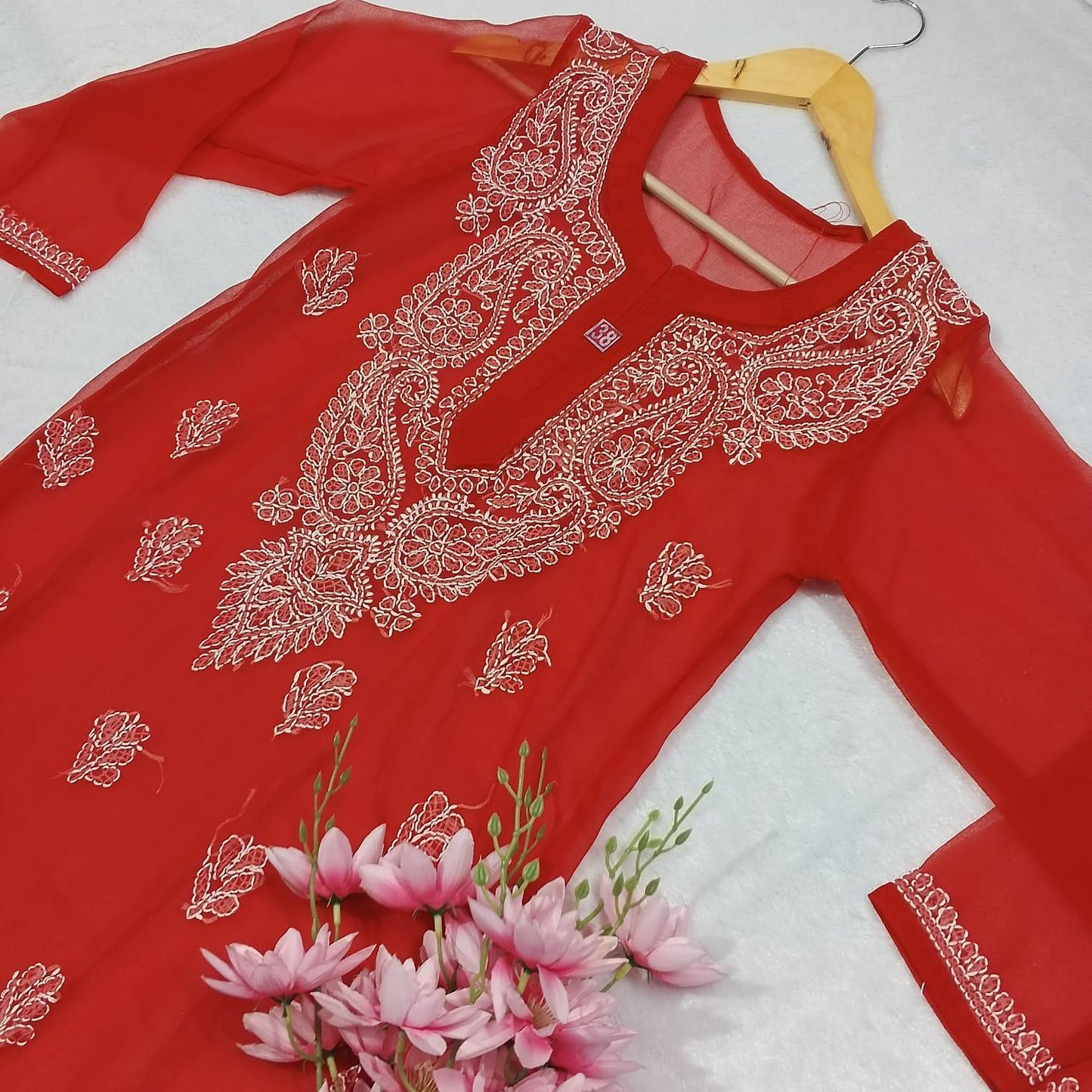 Pure Chikankari Georgette Kurti With Inner - Red Colour - Chikankaar