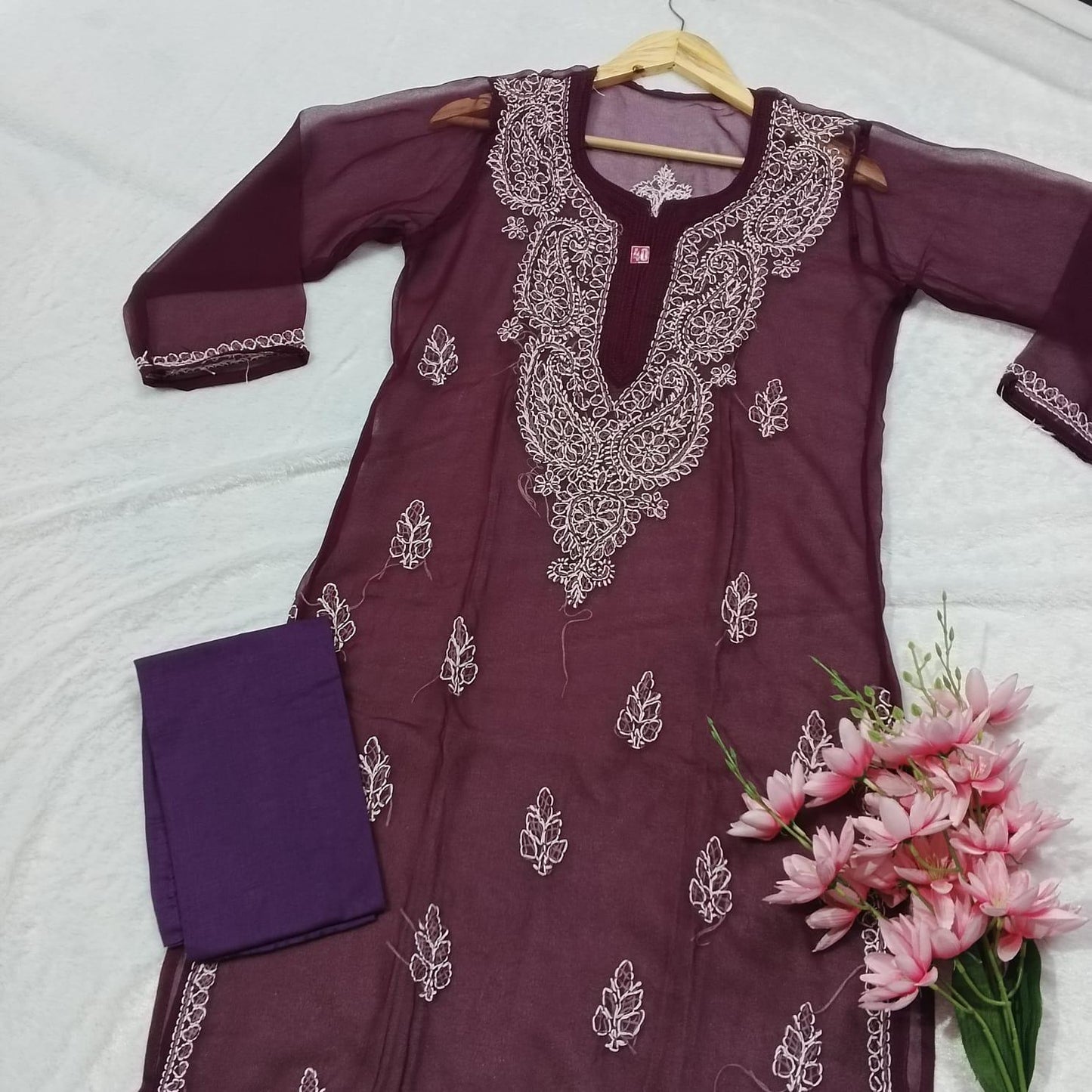Pure Chikankari Georgette Kurti With Inner - Wine Colour - Chikankaar