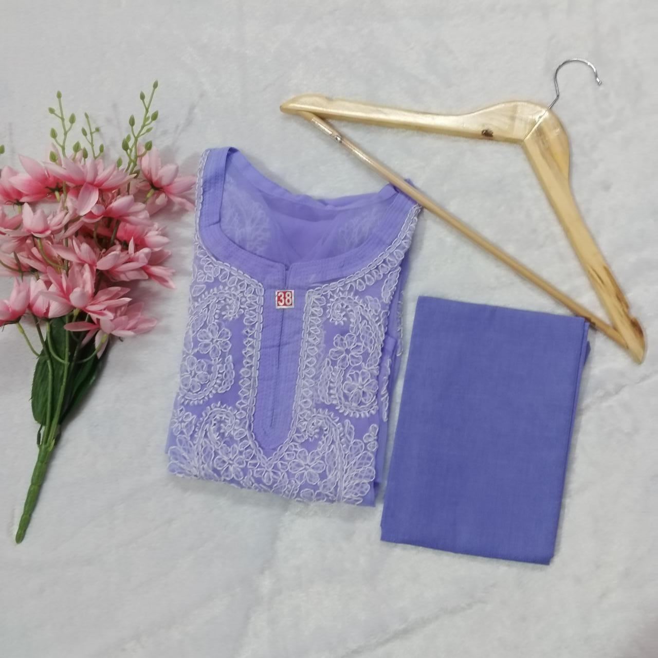Pure Chikankari Georgette Kurti With Inner Purple Colour - Chikankaar