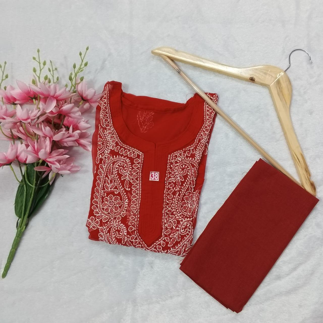 Pure Chikankari Georgette Kurti With Inner - Red Colour - Chikankaar