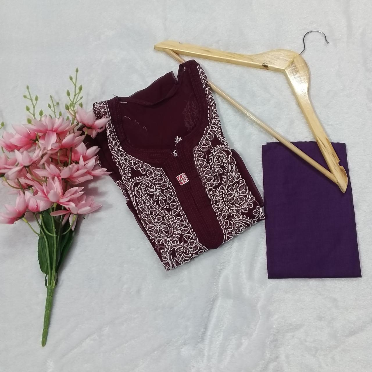 Pure Chikankari Georgette Kurti With Inner - Wine Colour - Chikankaar