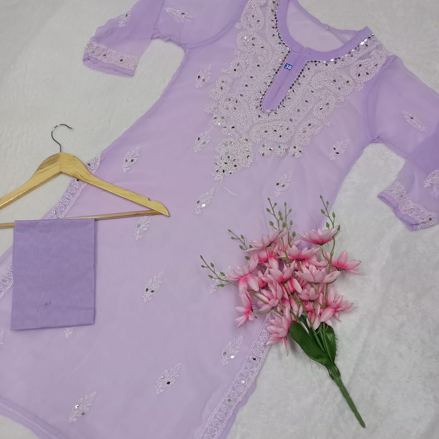 Georgette Mirror Work Chikankari Kurti With Inner-light Purple - Chikankaar