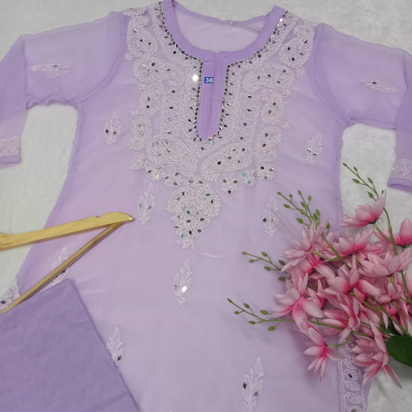 Georgette Mirror Work Chikankari Kurti With Inner-light Purple - Chikankaar