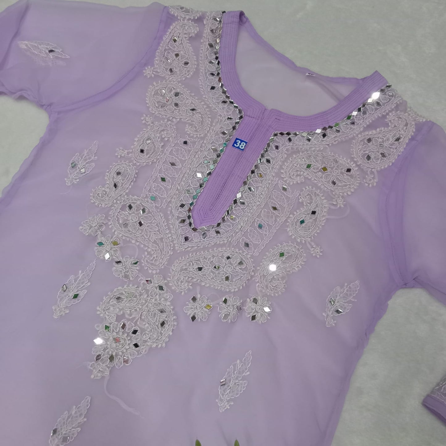 Georgette Mirror Work Chikankari Kurti With Inner-light Purple - Chikankaar