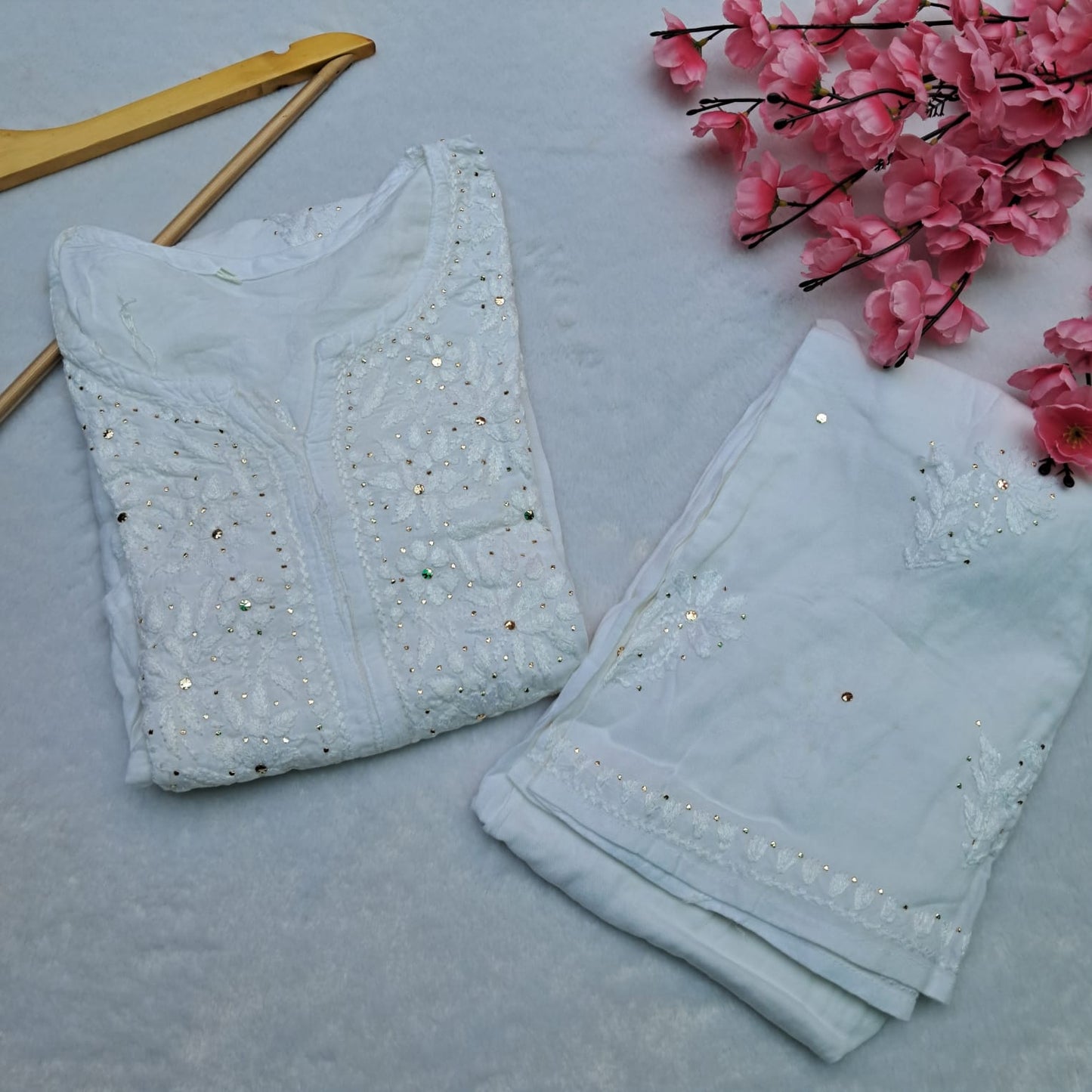 Noor Chikankari Kurti Plazo Set with Mukaish Work - White Color - Chikankaar
