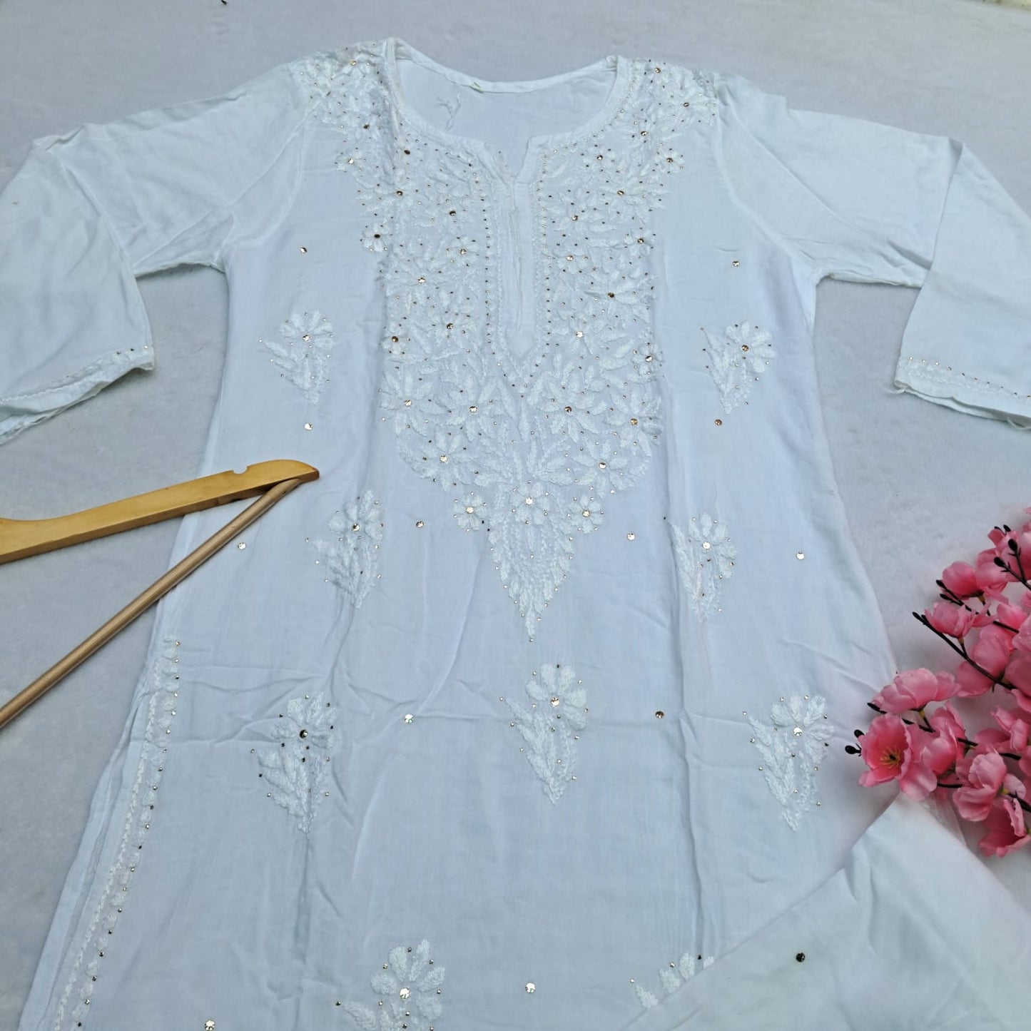 Noor Chikankari Kurti Plazo Set with Mukaish Work - White Color - Chikankaar
