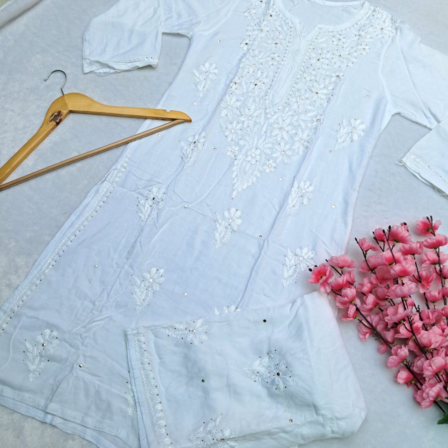 Noor Chikankari Kurti Plazo Set with Mukaish Work - White Color - Chikankaar