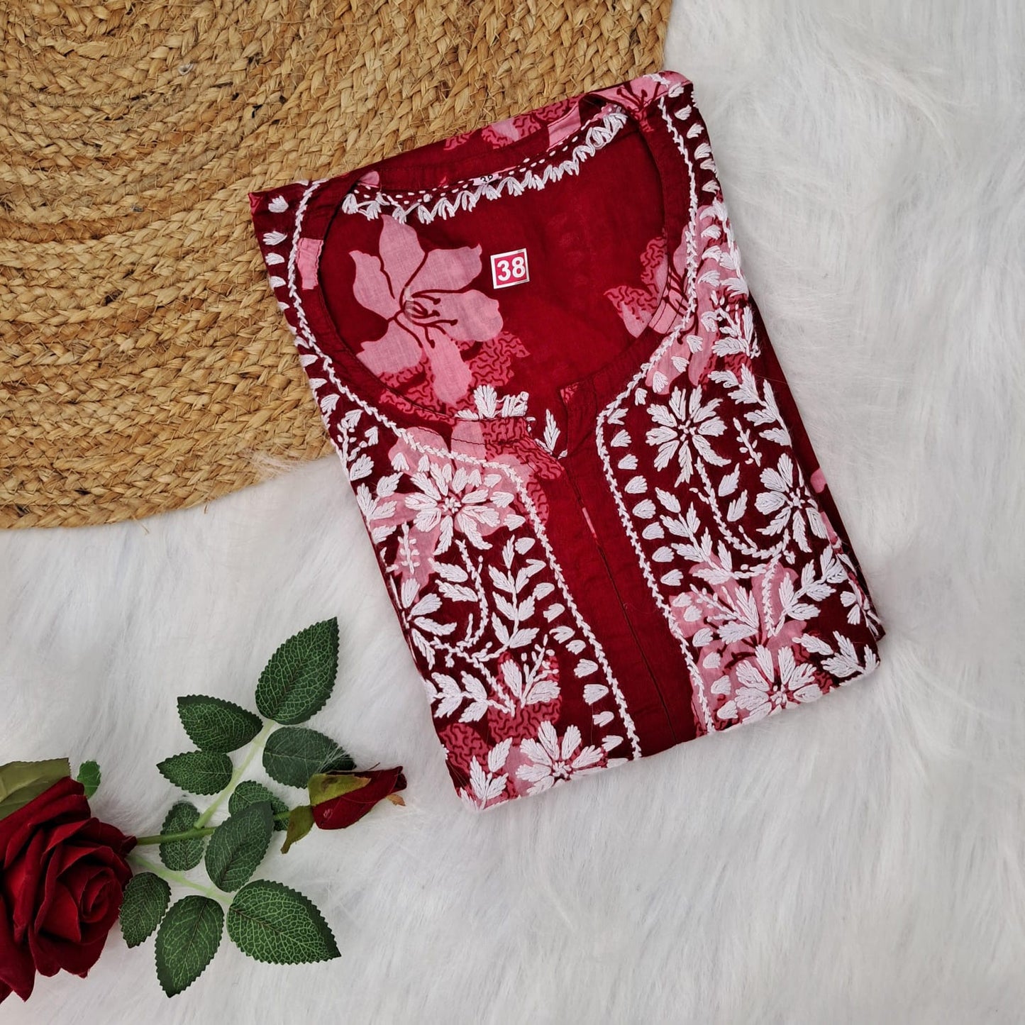 Suhana Khan Inspired Pure Mulmul Chikankari Kurti- Dark Red Colour - Chikankaar