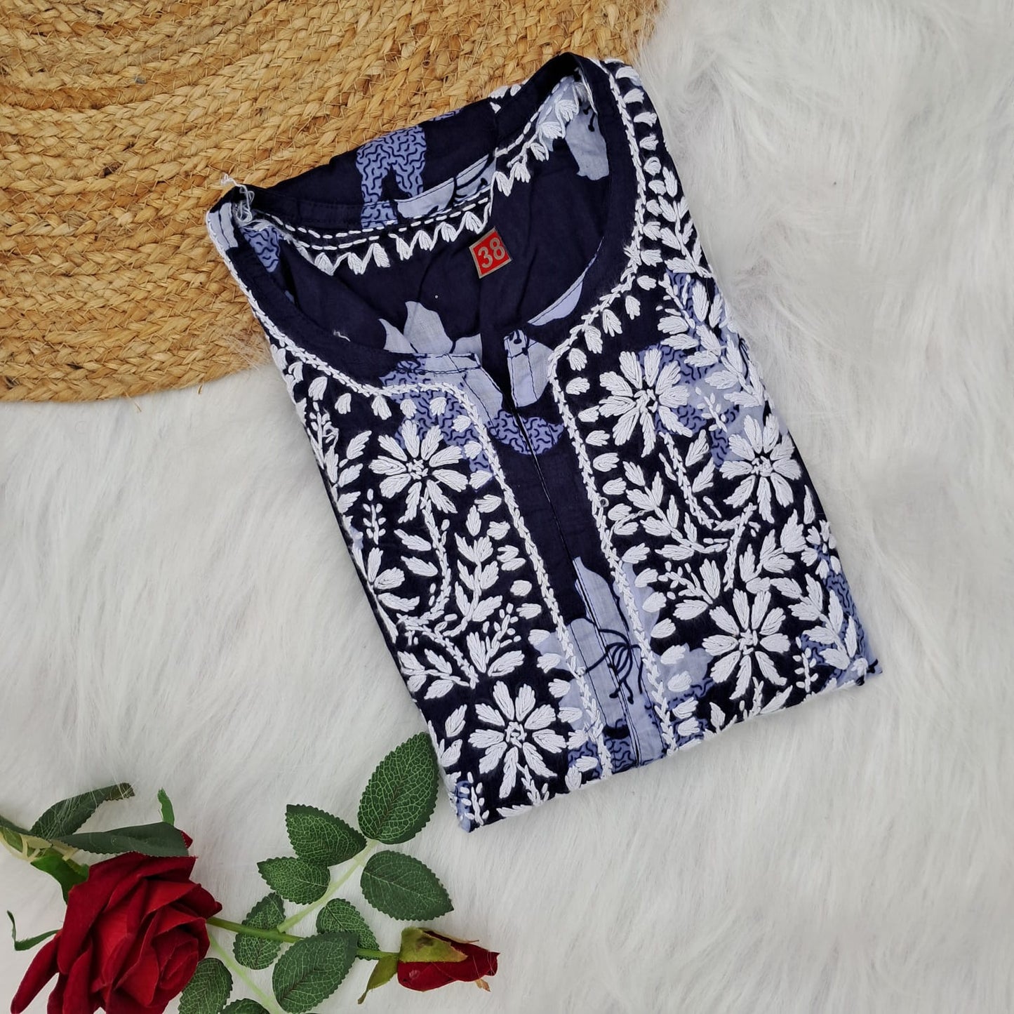 Suhana Khan Inspired Pure Mulmul Chikankari Kurti- Navy Blue Colour - Chikankaar