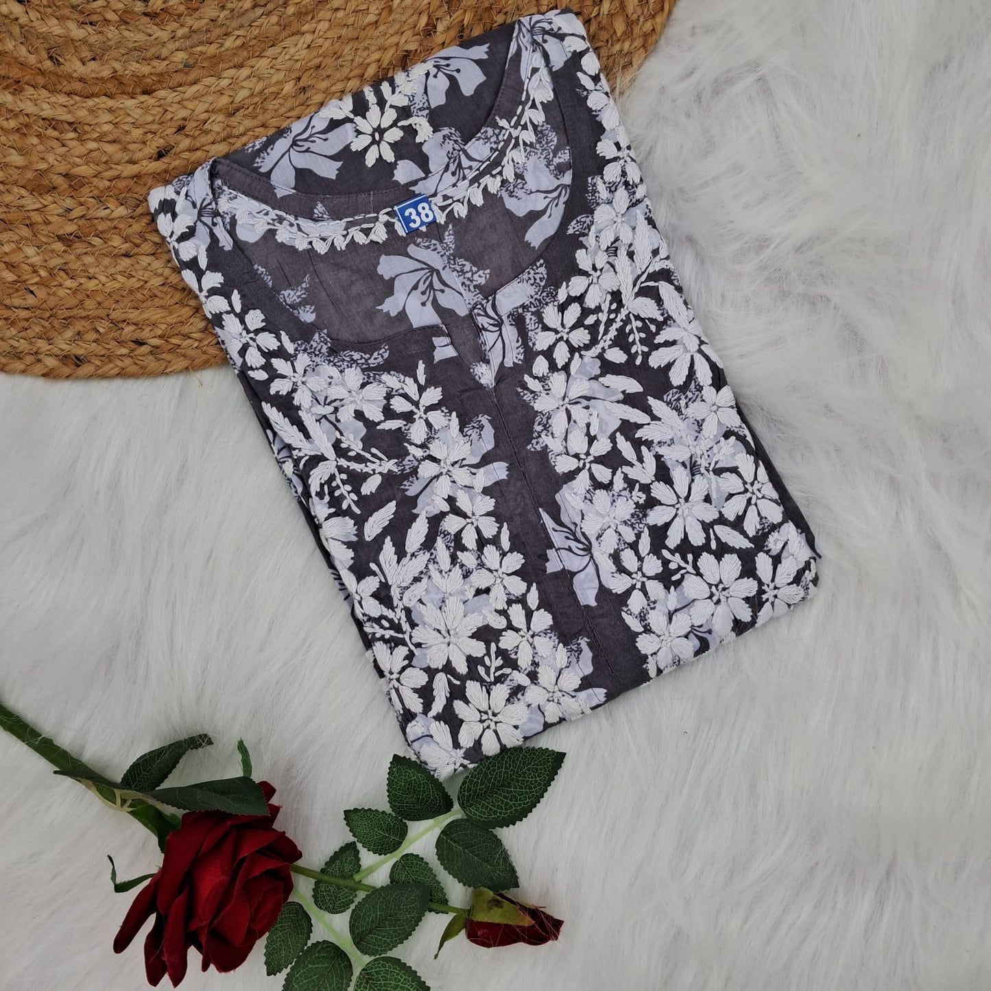 Suhana Khan Inspired Pure Mulmul Chikankari Kurti- Grey Colour - Chikankaar