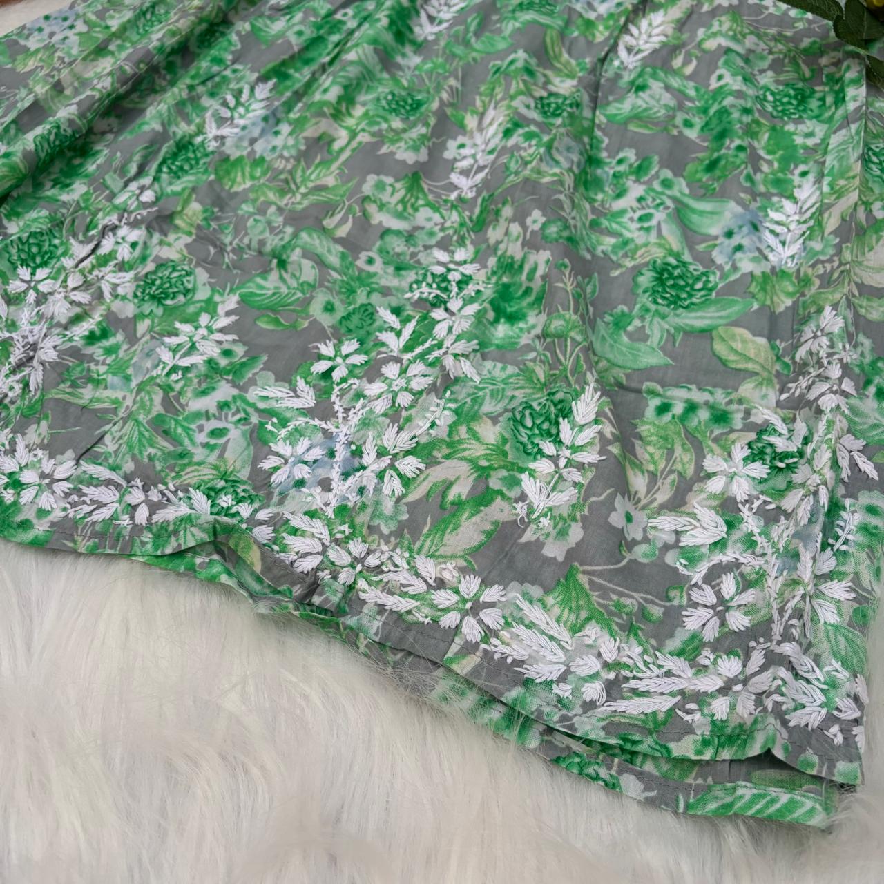 Zainab Pure Mulmul Cotton Gown - Green Colour - Chikankaar