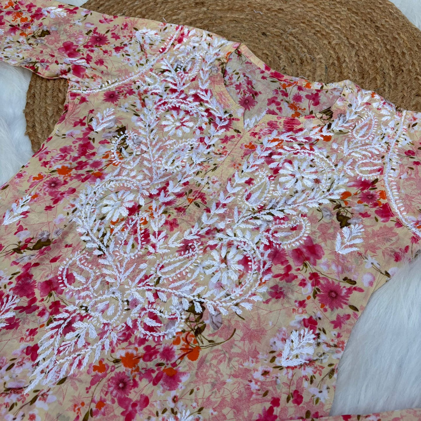Maira Mulmul Cotton Chikankari Kurti Set - Red Colour - Chikankaar