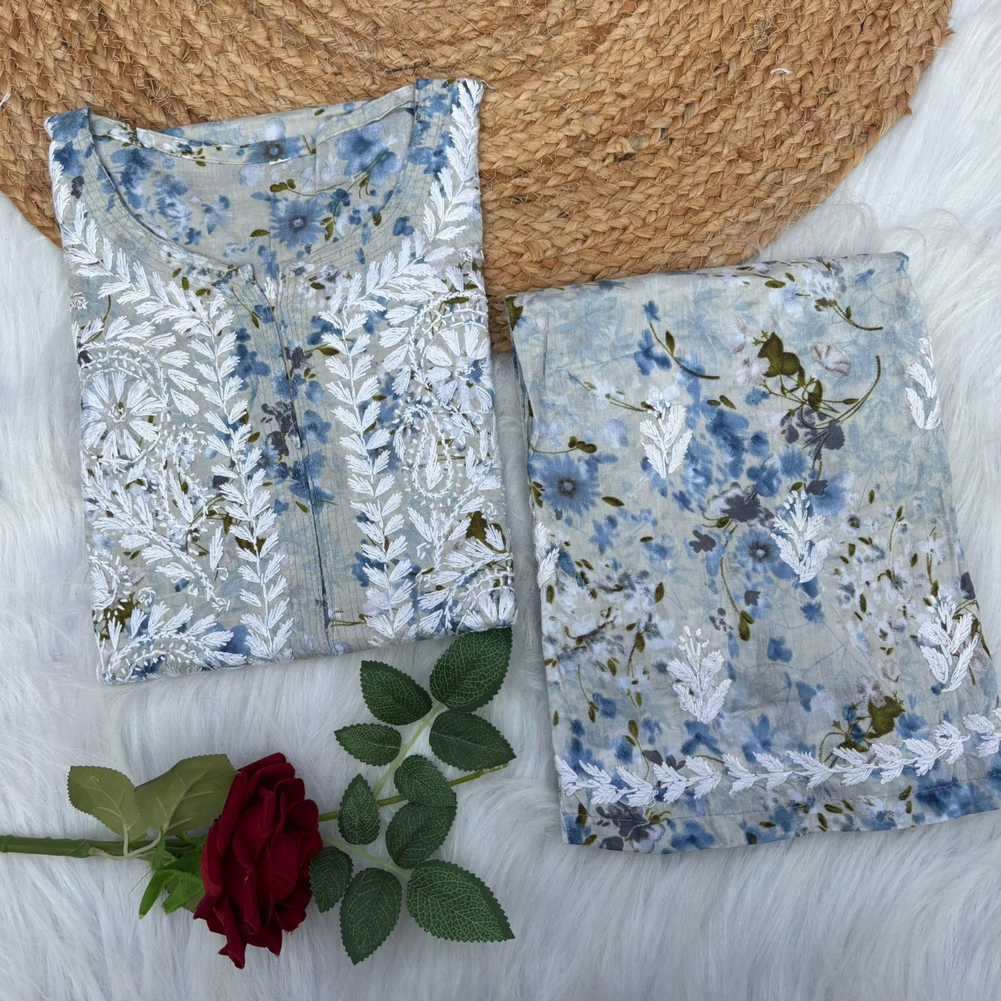 Maira Mulmul Cotton Chikankari Kurti Set - Blue Colour - Chikankaar