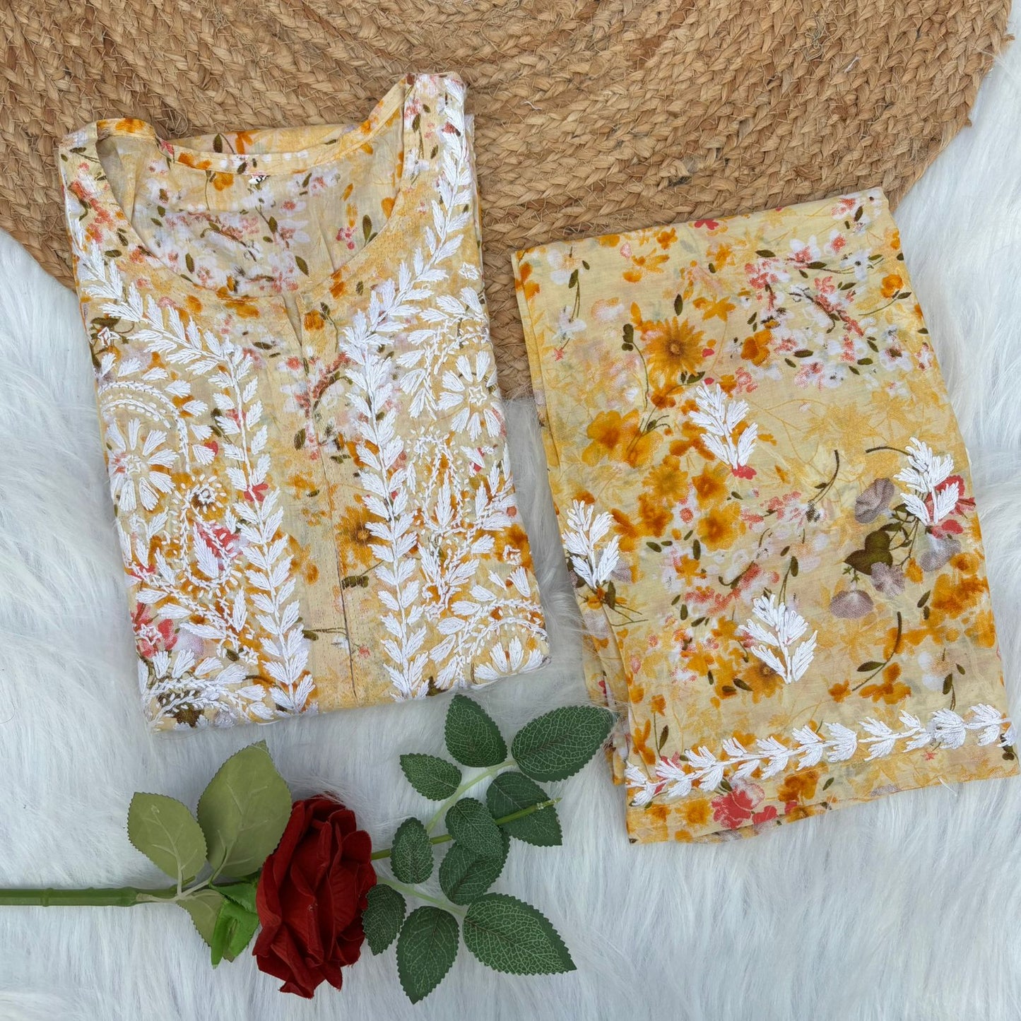Maira Mulmul Cotton Chikankari Kurti Set - Yellow Colour - Chikankaar