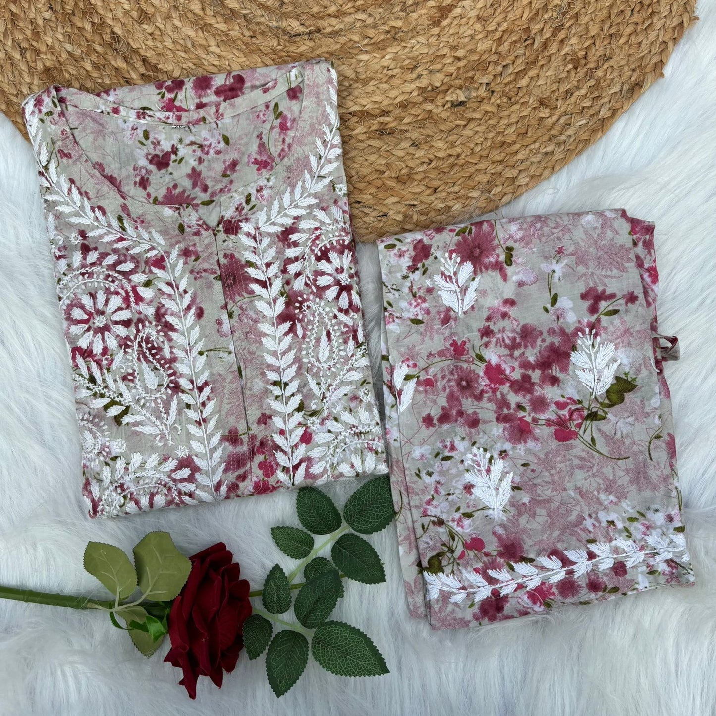 Maira Mulmul Cotton Chikankari Kurti Set - Pink Colour - Chikankaar