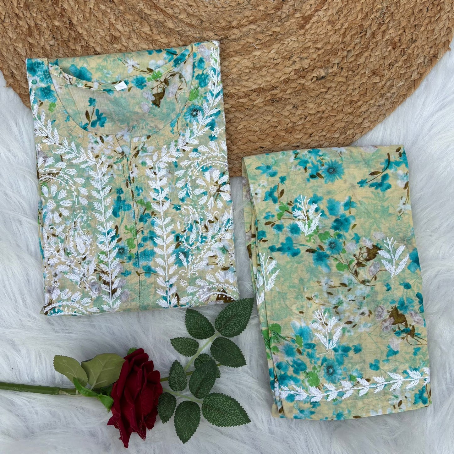 Maira Mulmul Cotton Chikankari Kurti Set - Sea Green Colour - Chikankaar