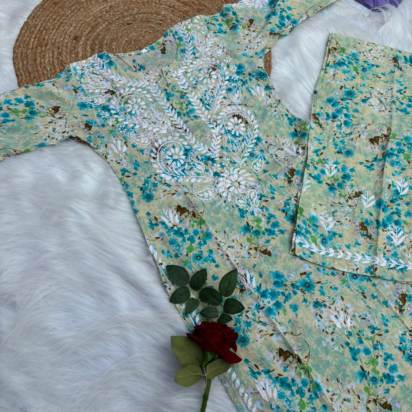 Maira Mulmul Cotton Chikankari Kurti Set - Sea Green Colour - Chikankaar