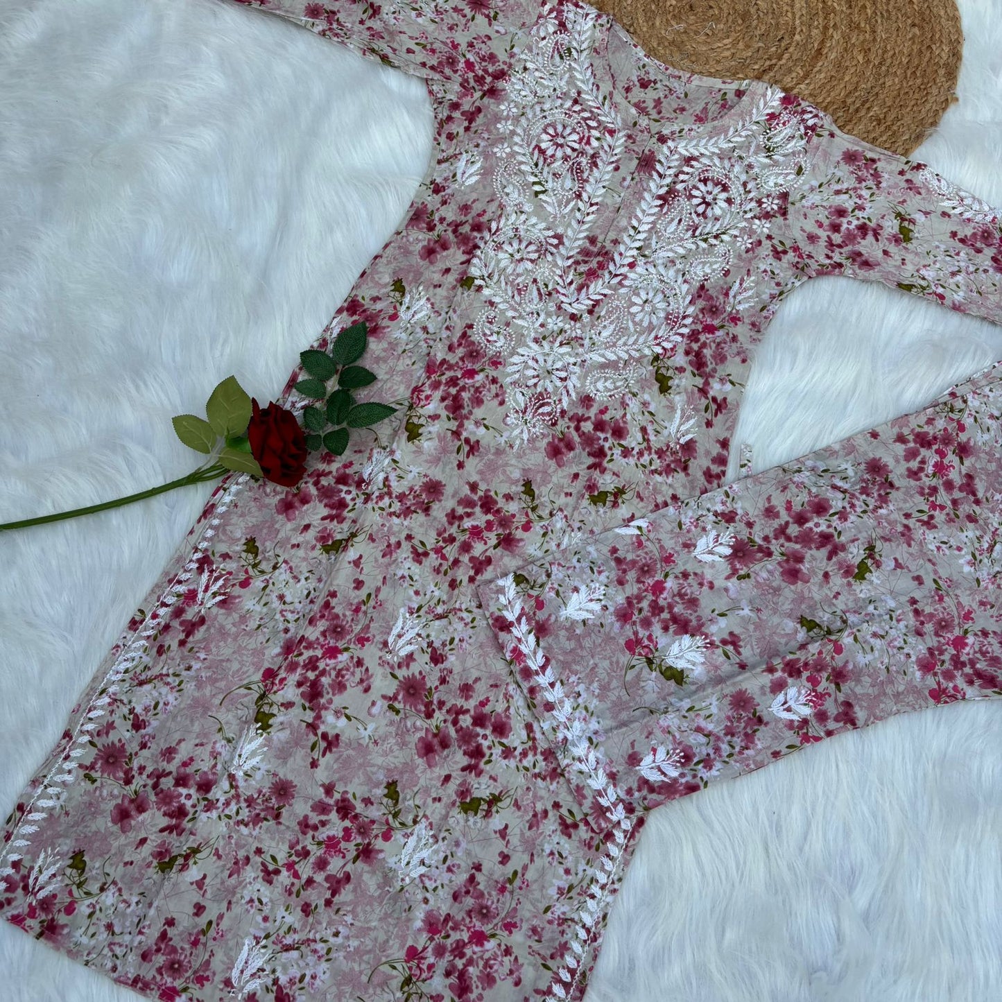 Maira Mulmul Cotton Chikankari Kurti Set - Pink Colour - Chikankaar