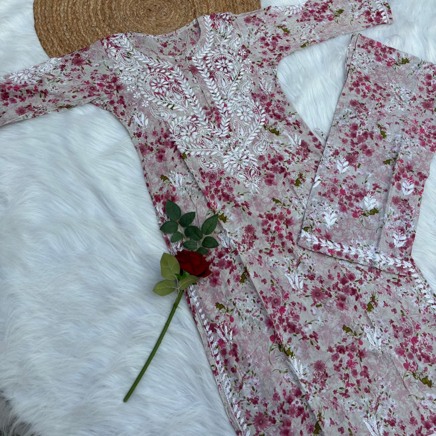 Maira Mulmul Cotton Chikankari Kurti Set - Pink Colour - Chikankaar