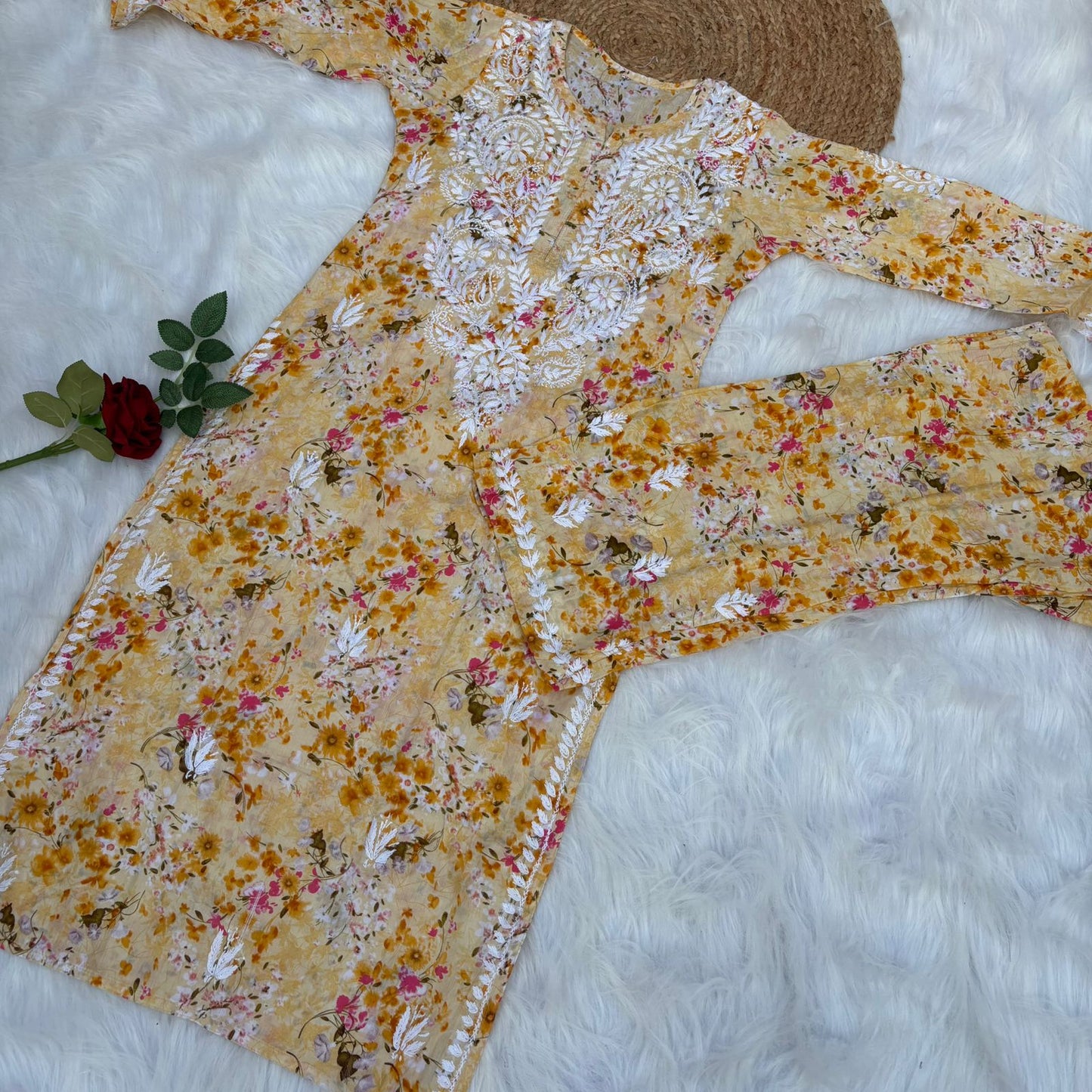 Maira Mulmul Cotton Chikankari Kurti Set - Yellow Colour - Chikankaar