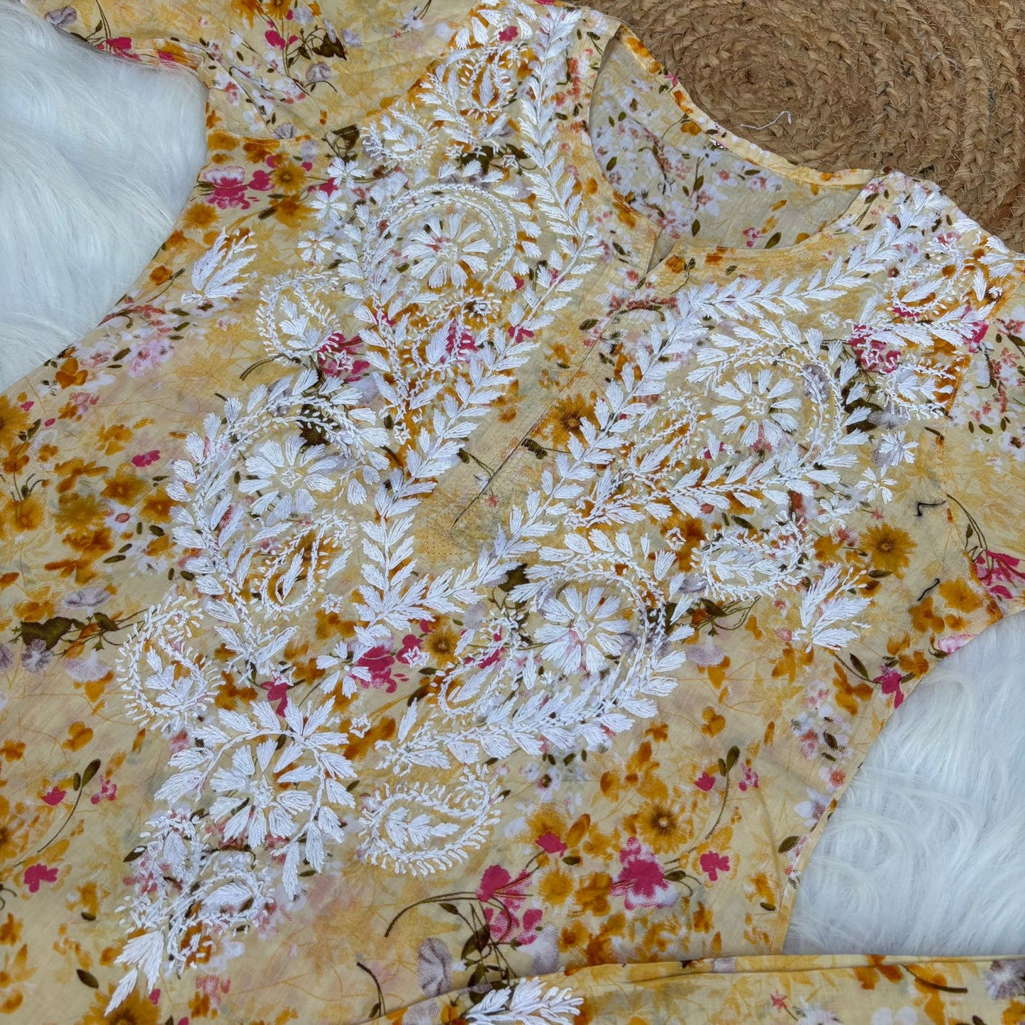 Maira Mulmul Cotton Chikankari Kurti Set - Yellow Colour - Chikankaar