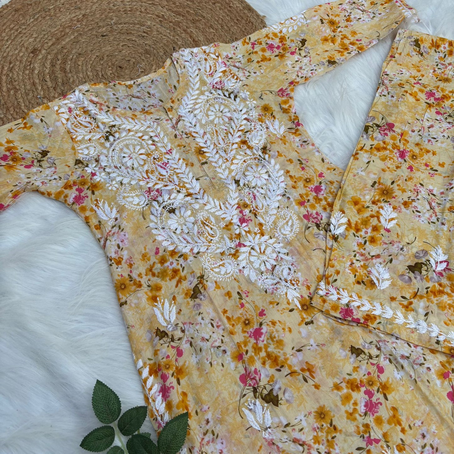 Maira Mulmul Cotton Chikankari Kurti Set - Yellow Colour - Chikankaar