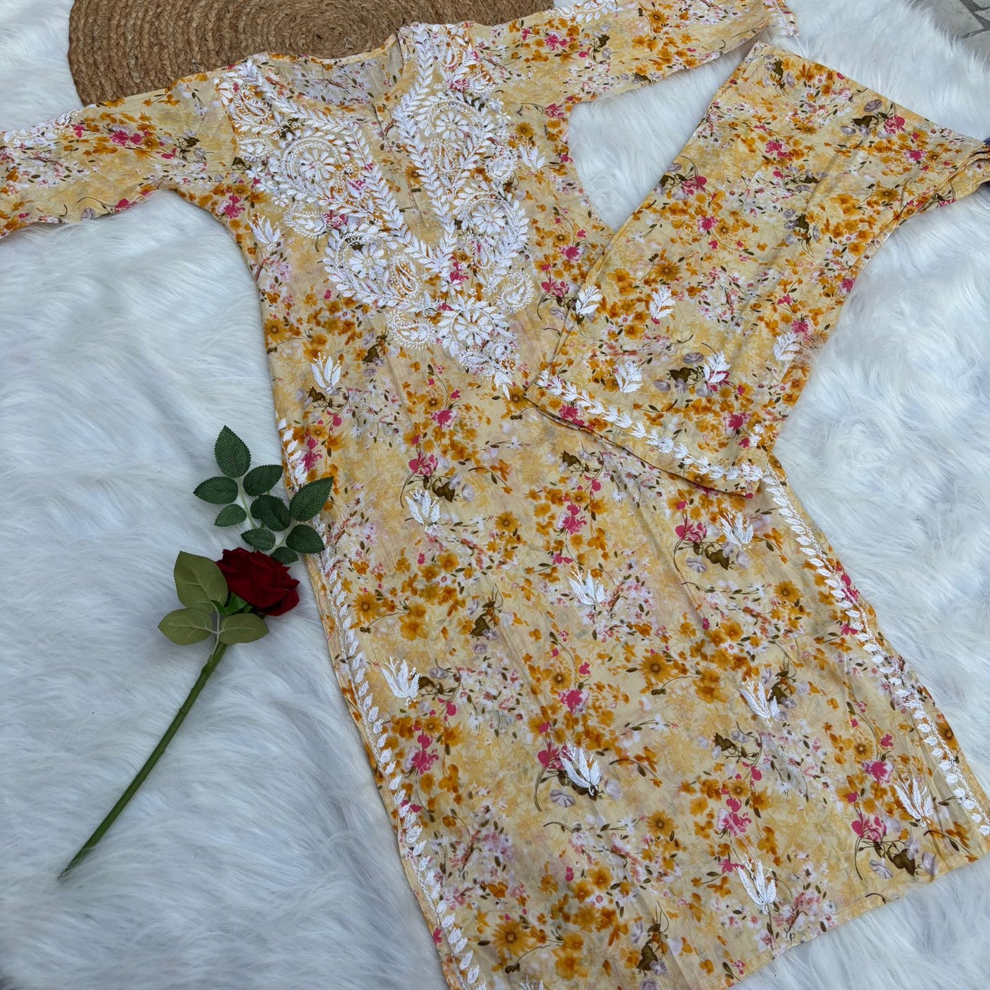 Maira Mulmul Cotton Chikankari Kurti Set - Yellow Colour - Chikankaar
