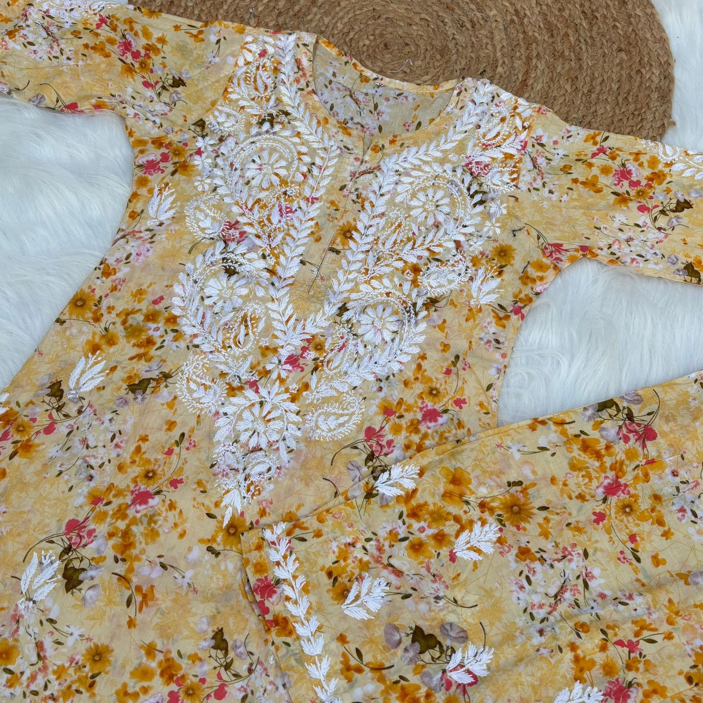 Maira Mulmul Cotton Chikankari Kurti Set - Yellow Colour - Chikankaar