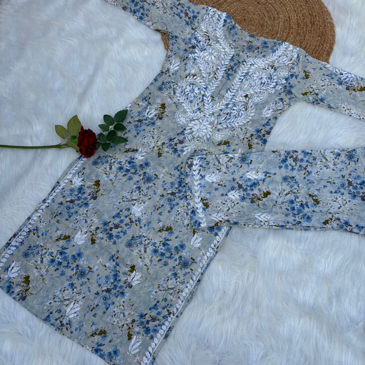 Maira Mulmul Cotton Chikankari Kurti Set - Blue Colour - Chikankaar