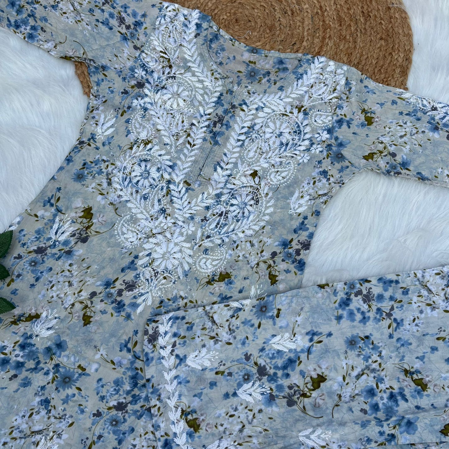 Maira Mulmul Cotton Chikankari Kurti Set - Blue Colour - Chikankaar