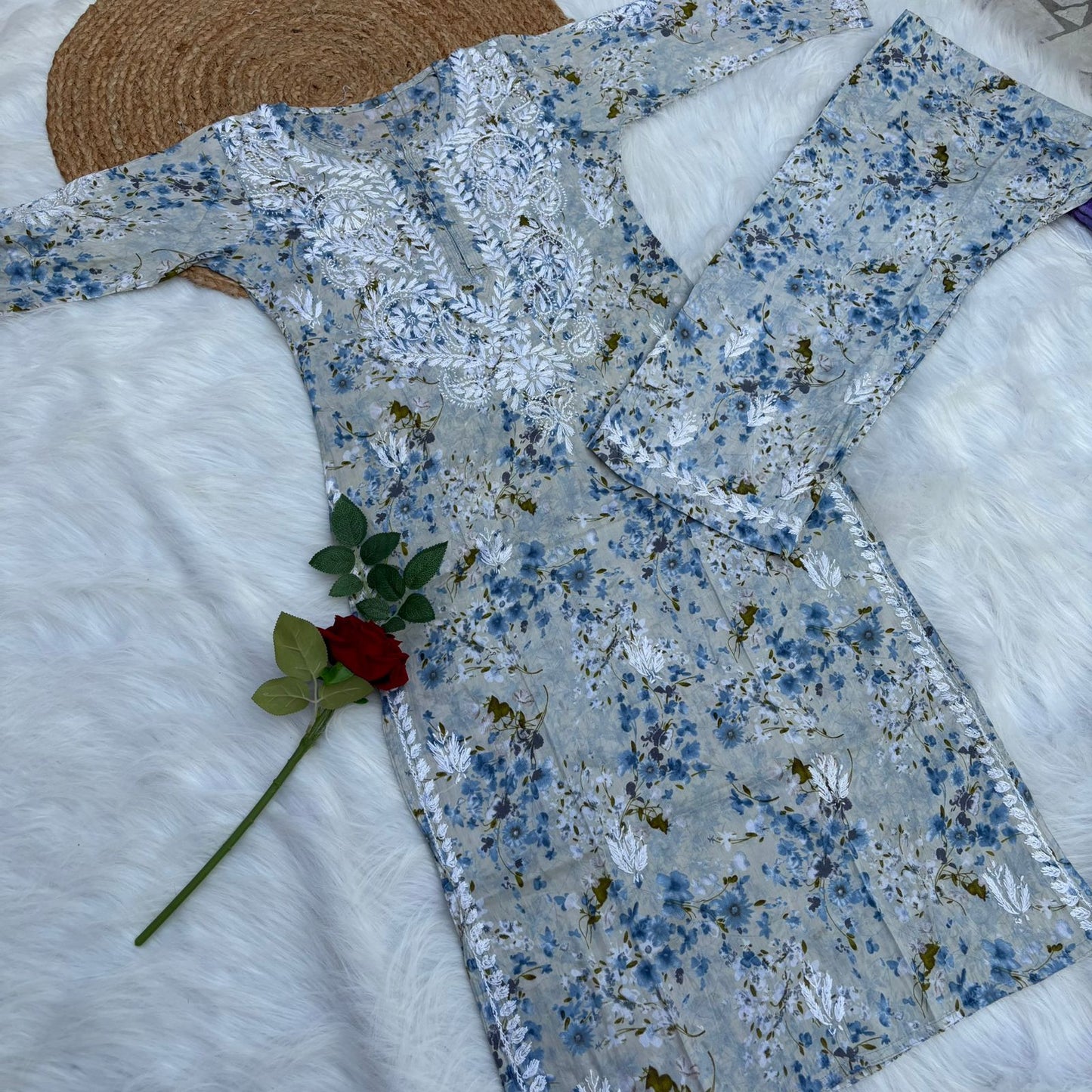 Maira Mulmul Cotton Chikankari Kurti Set - Blue Colour - Chikankaar