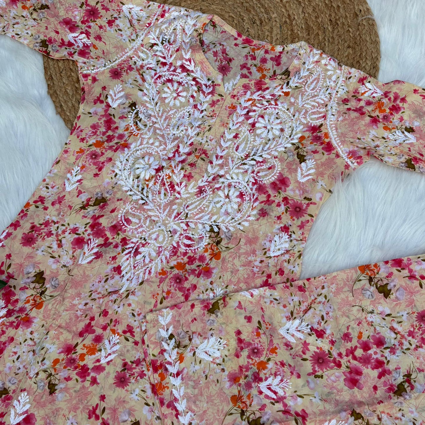 Maira Mulmul Cotton Chikankari Kurti Set - Red Colour - Chikankaar