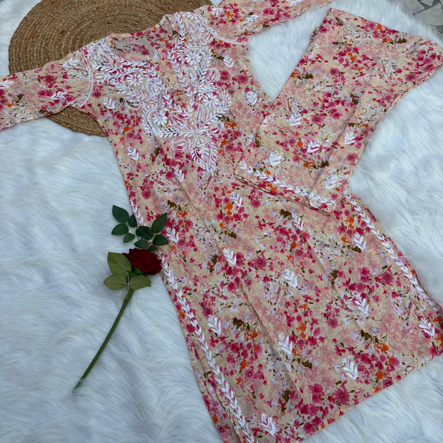 Maira Mulmul Cotton Chikankari Kurti Set - Red Colour - Chikankaar