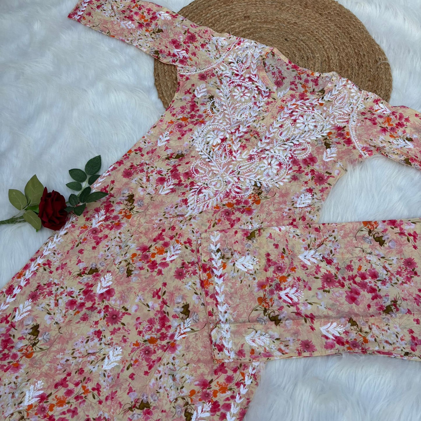 Maira Mulmul Cotton Chikankari Kurti Set - Red Colour - Chikankaar